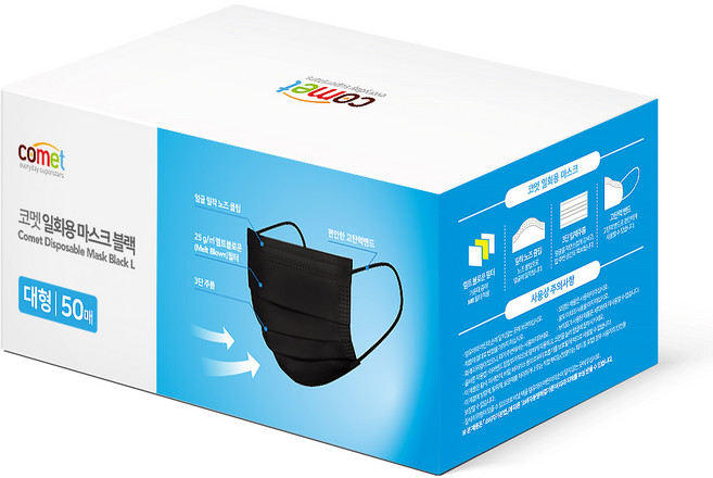 코멧 쉽게 뽑아쓰는 일회용 마스크 대형, 50개입, 1개, 블랙