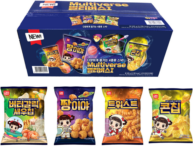 코스모스제과 멀티버스1 과자세트, 트위스트 5p + 버터갈릭새우칩 5p + 짱이야 4p + 콘칩 4p, 1세트