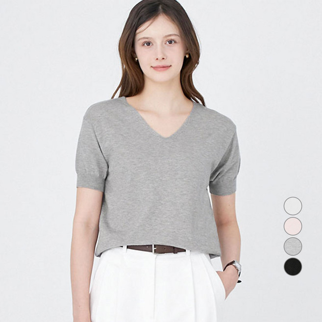 ELLE PARIS 여성용 데일리 브이넥 반소매 니트