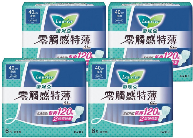 Laurier 蕾妮亞 台灣公司貨 零觸感特薄衛生棉 極長夜用型, 40cm, 6片, 4包