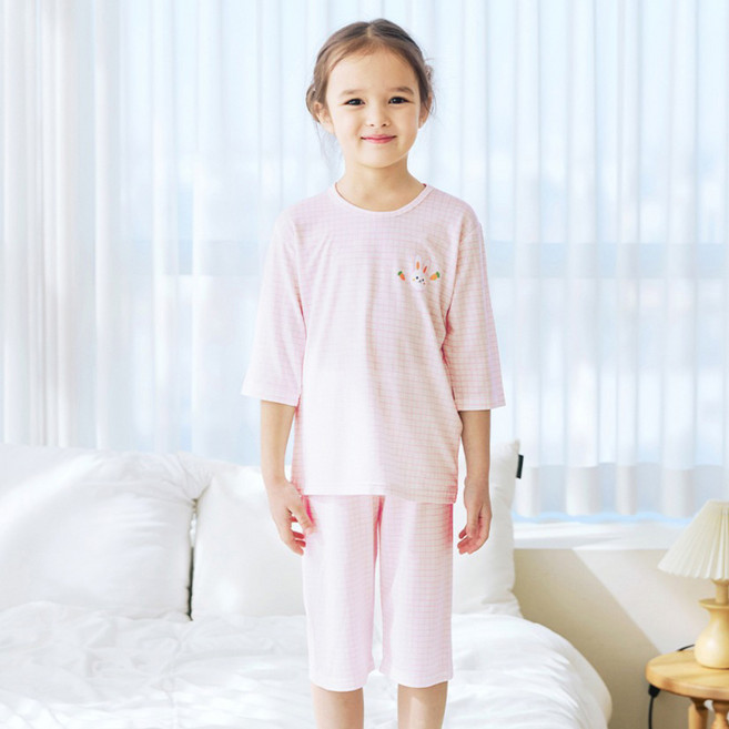 메이키즈 여아용 체크바니 7부모달 상하 세트