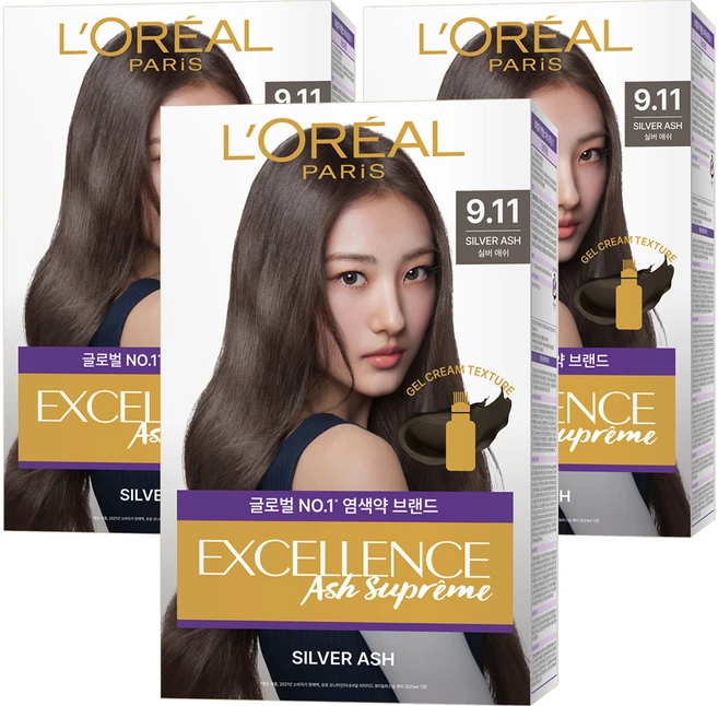 로레알파리 엑셀랑스 애쉬 슈프림 염모제, 9.11 실버 애쉬 토프 브라운, 3개 - 쿠팡