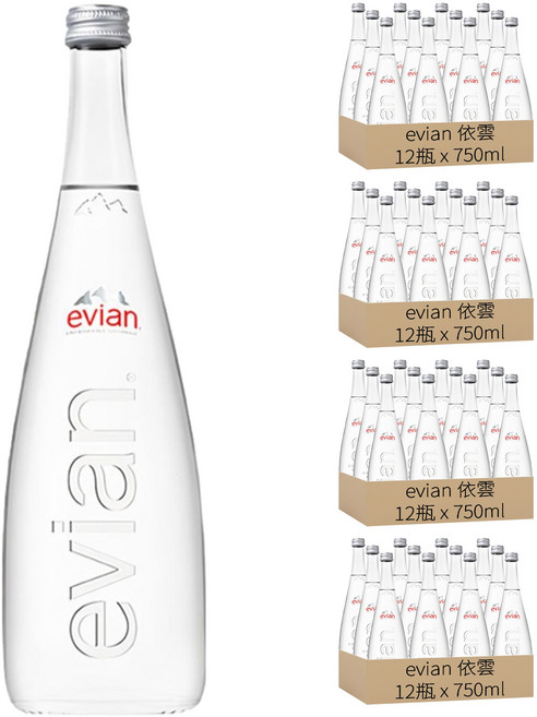evian 依雲 台灣公司貨 天然礦泉水 玻璃瓶, 750ml, 48瓶