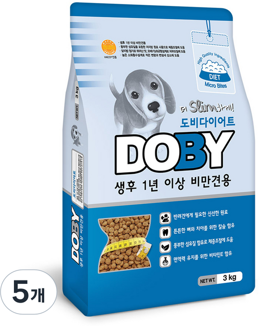 인터펫코리아 도비 어덜트 강아지 다이어트 건식사료, 곡물, 3kg, 5개