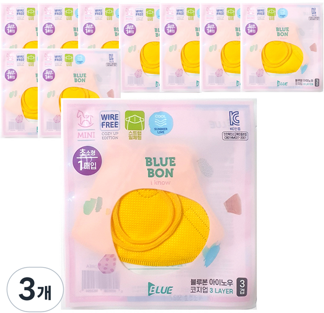 블루본 아이노우 미니 썸머라인 컬러 마스크 초소형, 옐로우, 3개, 10개입