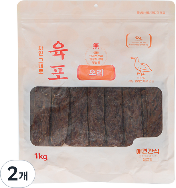 씨엔앨라이프 강아지 자연 그대로 슬라이스 육포 1kg, 오리가슴살 슬라이스, 2개