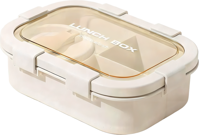 德利生活 可微波日式小麥秸稈便當盒 附湯碗 4格 1350ml, 米色, 1個