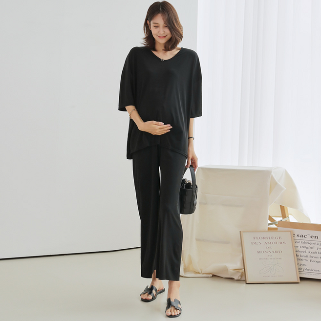 쿨쿠 임산부 잔골지 반팔 와이드 팬츠 세트