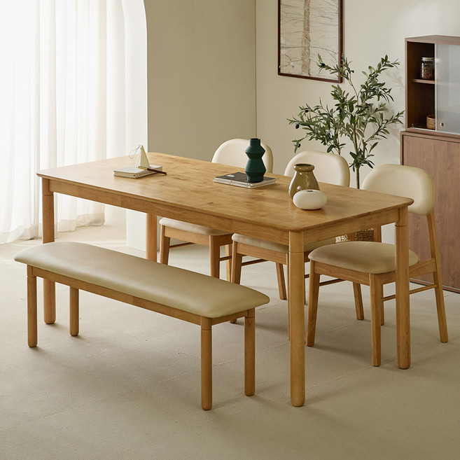 리리 원목식탁 6인용 1800 + 의자3p + 벤치 세트 방문설치, 내추럴, 일반 3 + 벤치 1