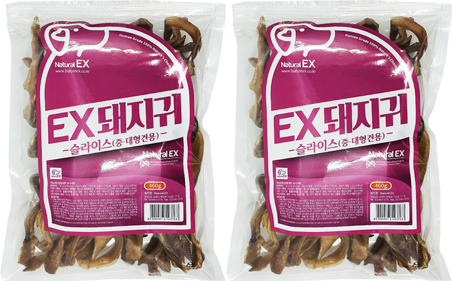 네츄럴이엑스 대용량 강아지 간식 슬라이스, 돼지귀, 460g, 2개
