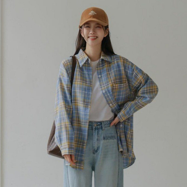 女款 Hoyiju 寬鬆版型格紋襯衫, 天藍色