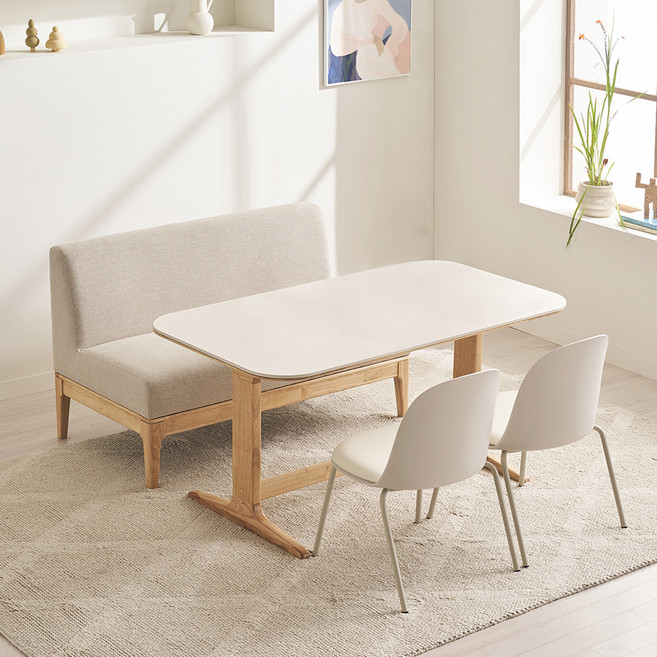 레이디가구 엘린 패밀리 원목 세라믹식탁 + 윈디체어 2p + 2인 소파벤치 1p 세트 윈디소파벤치의자형 방문설치, 식탁(샌드아이보리 + 내추럴), 체어(아이보리), 2인소파(그레이 + 내추럴), 4인용