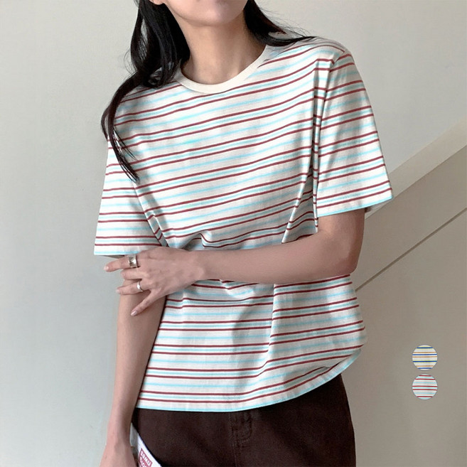 아피나르 여성용 통기성 레귤러핏 멀티 스트라이프 반팔 티셔츠