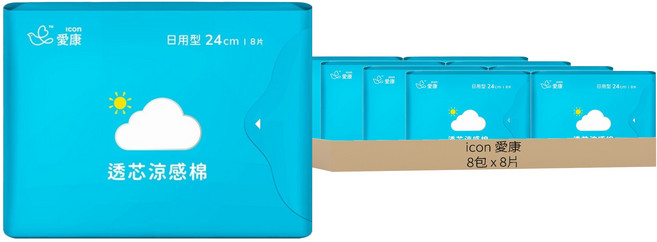 icon 愛康 透芯涼感棉 日用衛生棉 護翼型, 24cm, 8片, 8包