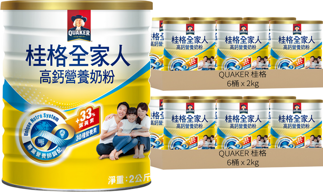 QUAKER 桂格 全家人高鈣奶粉, 2kg, 12罐