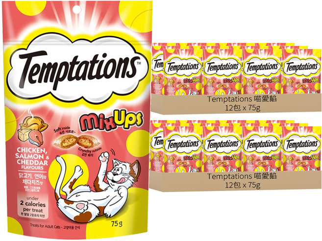 Temptations 喵愛餡 貓點心 三重奏, 雞肉 + 鮭魚 + 起司, 75g, 24包
