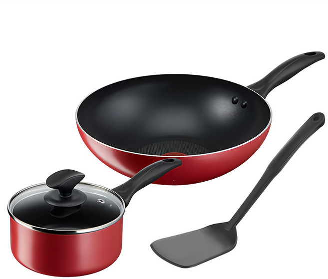Tefal 特福 饗樂不沾鍋4件組, 紅色 + 黑色, 28cm小炒鍋 + 16cm湯鍋 + 16cm鍋蓋 + 鍋鏟, 1組