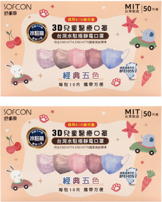 SOFCON 舒膚康 水駐極靜電口罩 3D兒童醫療口罩 未滅菌, 50片, 2盒, 經典五色