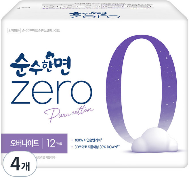 순수한면 제로 오버나이트 생리대 날개형, 패드형, 12개입, 4개