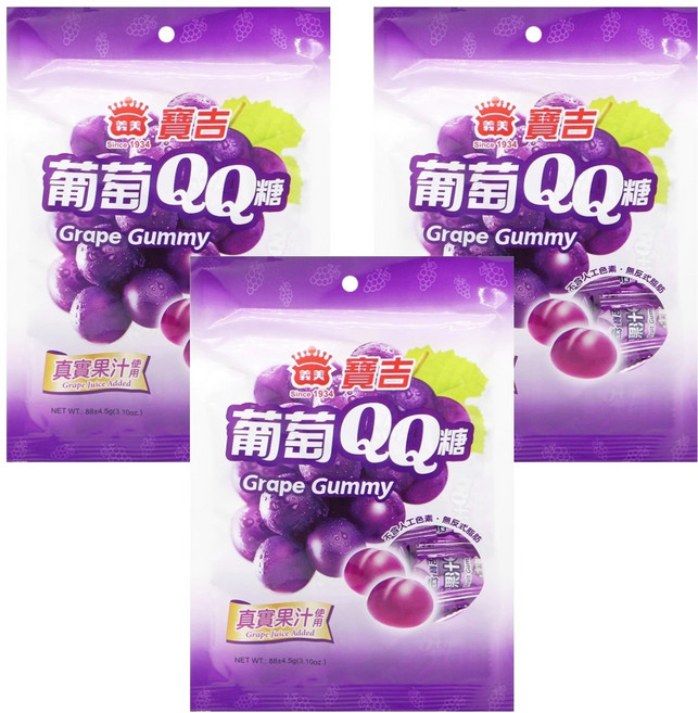 義美 寶吉果汁QQ糖 葡萄, 88g, 3袋