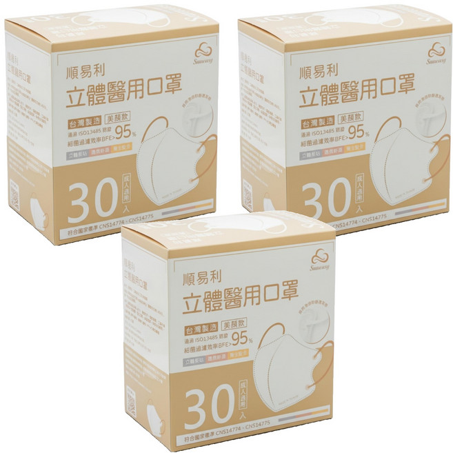 順易利 成人立體醫用口罩 美顏款 M, 星空藍, 30片, 3盒