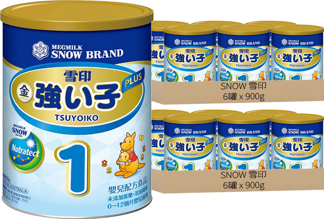 SNOW 雪印 金強子1號 PLUS嬰兒配方食品 奶粉 0~12月, 900g, 12罐
