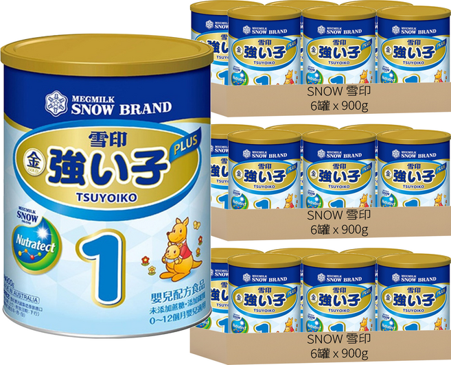 SNOW 雪印 金強子1號 PLUS嬰兒配方食品 奶粉 0~12月, 900g, 18罐