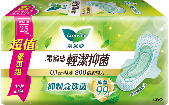 Laurier 蕾妮亞 台灣公司貨 零觸感特薄輕潔抑菌衛生棉, 量多日用型 25cm, 28片, 1包