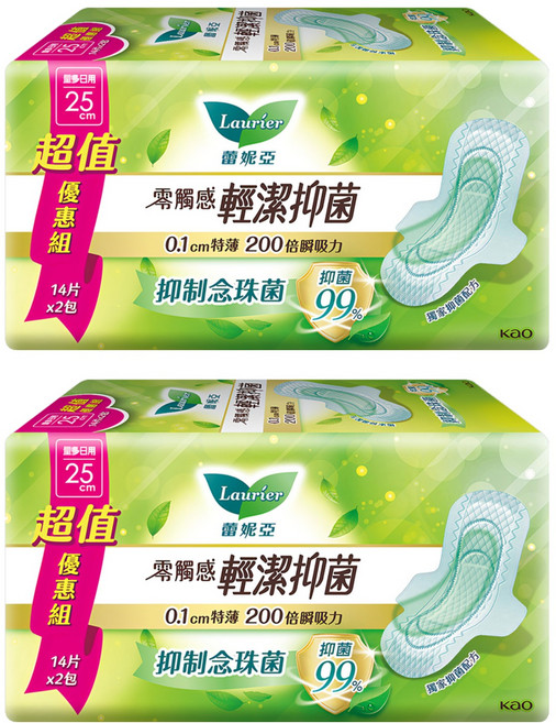 Laurier 蕾妮亞 台灣公司貨 零觸感特薄輕潔抑菌衛生棉, 量多日用型 25cm, 28片, 2包