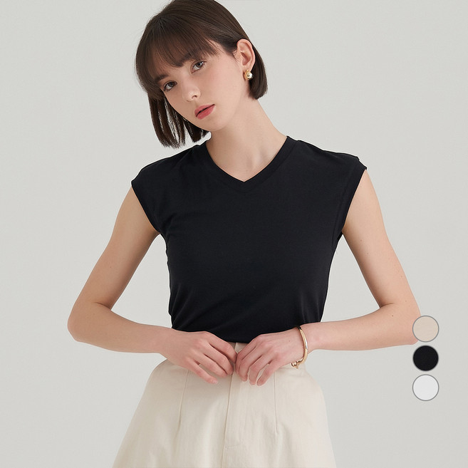 ELLE PARIS 찰랑 레이온 민소매 브이넥 티셔츠