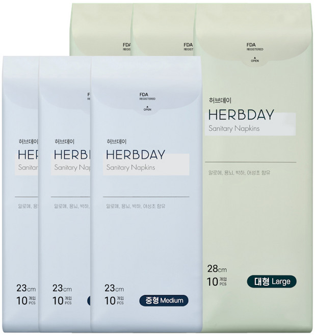허브데이 러브유 대형 10p x 3팩 + 중형 10p x 3팩 생리대 날개형, 대형 10P X 3팩, 중형 10P X 3팩, 20개입, 1세트