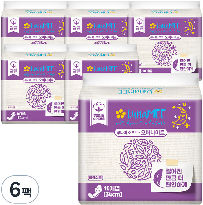 루나미 소프트 국내산 오버나이트 날개형, 패드형, 10개입, 6개