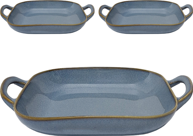 JUST HOME 陶瓷9吋捶紋雙耳方盤 Set 3個, 淺藍色, 1組