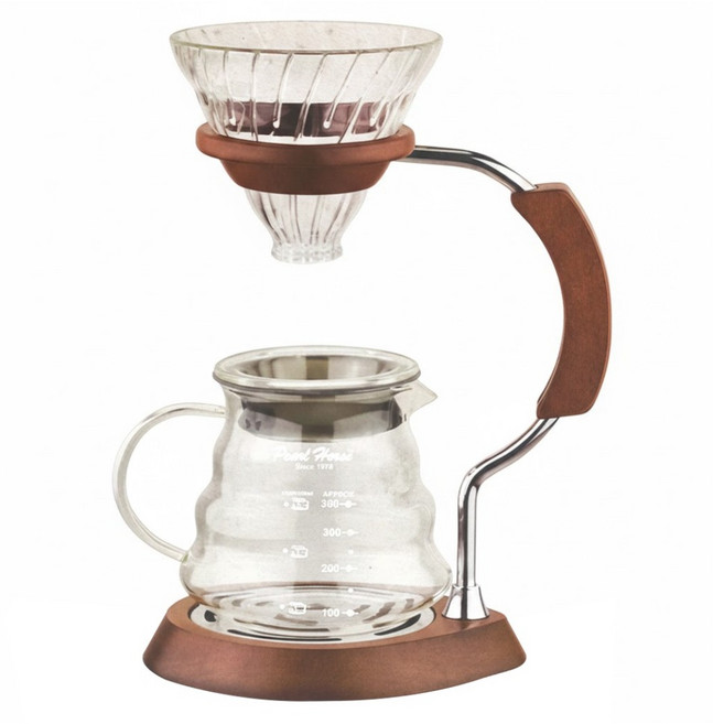 Pearl Horse 寶馬 樂浪滴漏式手沖咖啡組 360cc 耐熱玻璃 松木 鐵線鍍鉻 台灣製造, 滴漏式咖啡壺 + 底座 + 支架, 1組