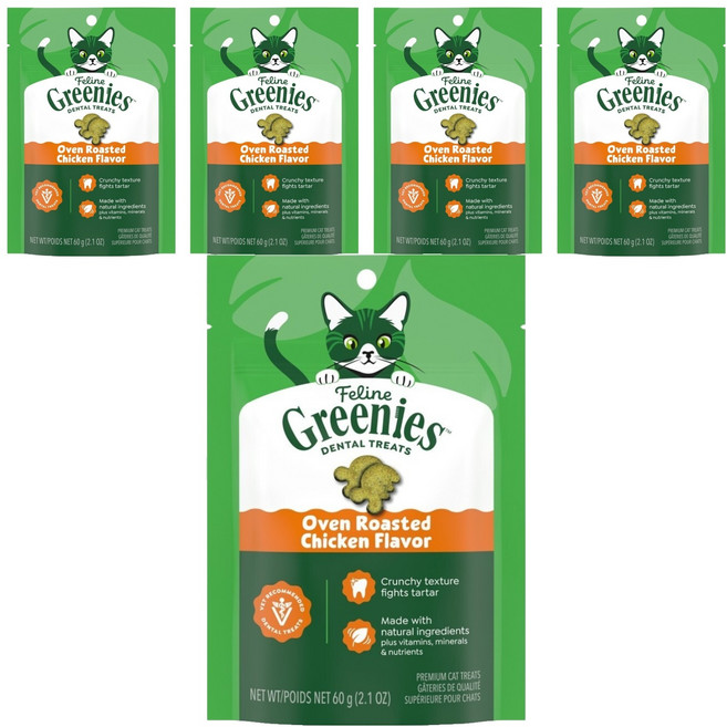 Greenies 健綠 貓咪潔牙餅, 2.1oz, 5個, 濃郁烤雞