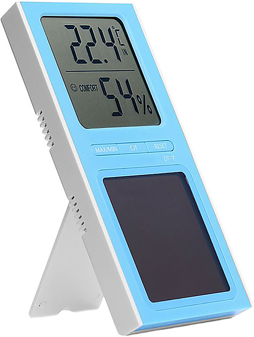 dretec 太陽能發電溫濕度計 最高/最低溫度自動記憶 附立架/壁掛孔, 1個, 藍色