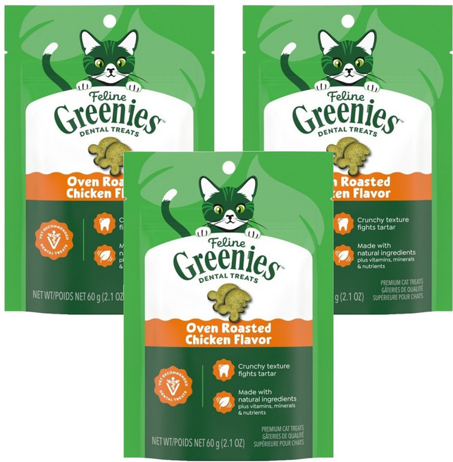 Greenies 健綠 貓咪潔牙餅, 2.1oz, 3個, 濃郁烤雞