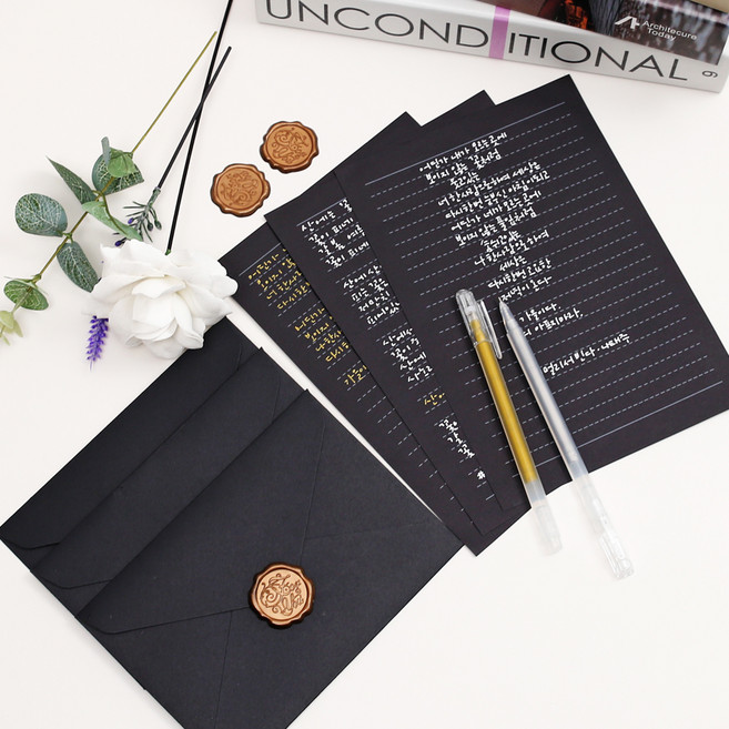 리드홈 고급 예쁜 편지지 10p + 편지봉투 3p + 실버 젤펜 + 골드 젤펜 세트, 블랙, 1세트