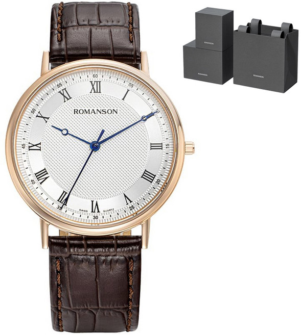 ROMANSON 男士用 Kairos 經典纖薄皮革手錶 + 購物袋 RWTLMM2B2003RGBR1