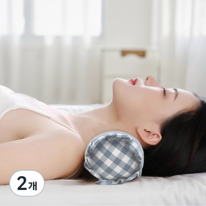 팔팔바디 체크무늬 메밀 원형 경추 목베개, 블루, 2개