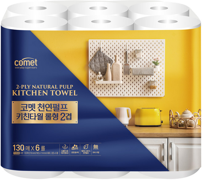 코멧 천연펄프 키친타월 롤형 2겹, 6개, 130매