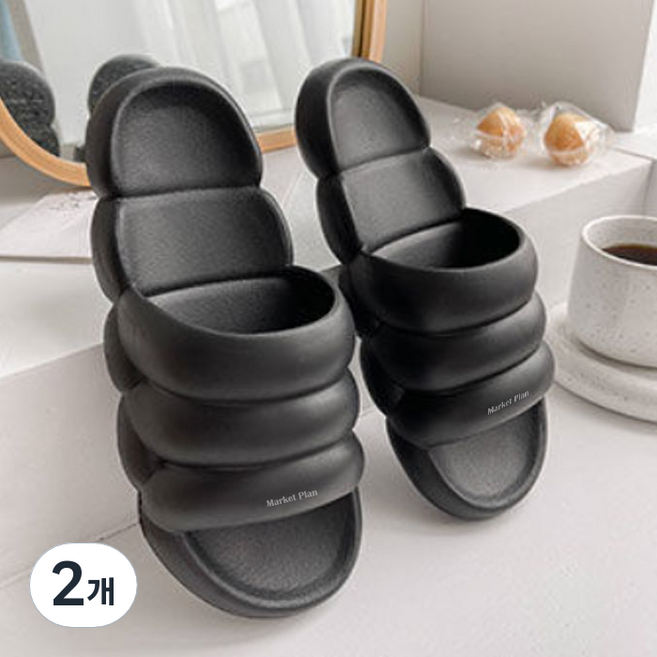 마켓플랜 말랑말랑 마시멜로 소프트 슬리퍼, 블랙, 2개