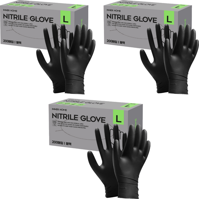 이너홈 니트릴 장갑 무분말타입 200p, 블랙, 대(L), 3개