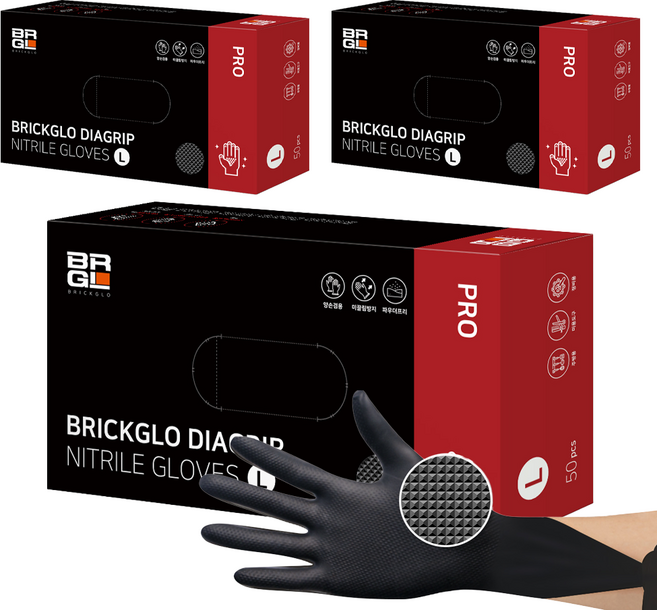 브릭글로 다이아그립 프로 니트릴 장갑 50p, 블랙, L, 3개
