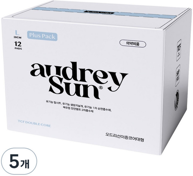 오드리선 TCF 더블코어 생리대 날개형, 대형, 12개입, 5개