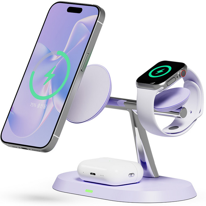 일리온 3in1+1 맥세이프 호환 마그네틱 무선 충전기, 라벤더, 1개