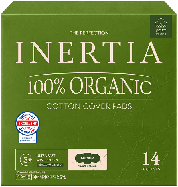 이너시아 더 퍼펙션 유기농 생리대 날개형, 중형, 14개입, 1개