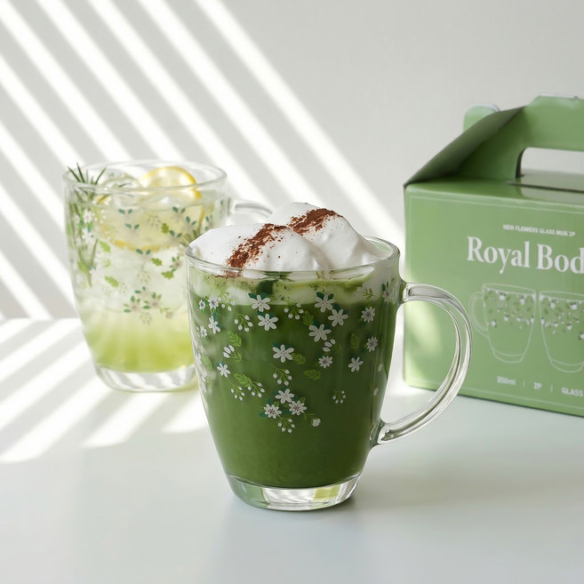 로얄보덴 새꽃 유리 머그컵 350ml, 투명, 2개