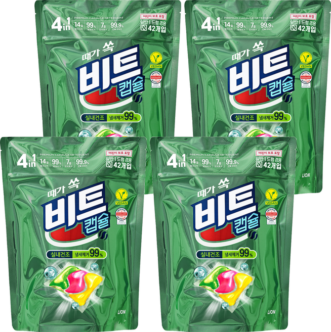[비건라이프] 비트 실내건조 캡슐세제 그린플로럴향, 42개입, 4개
