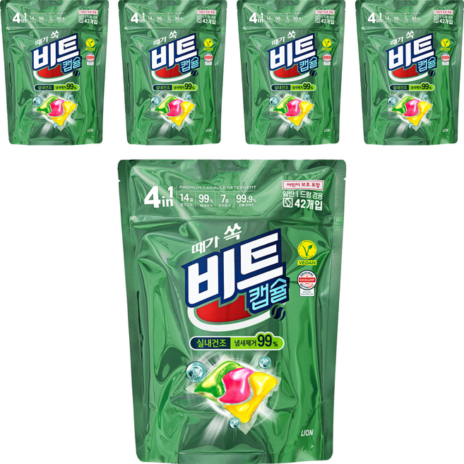 [비건라이프] 비트 실내건조 캡슐세제 그린플로럴향, 42개입, 5개